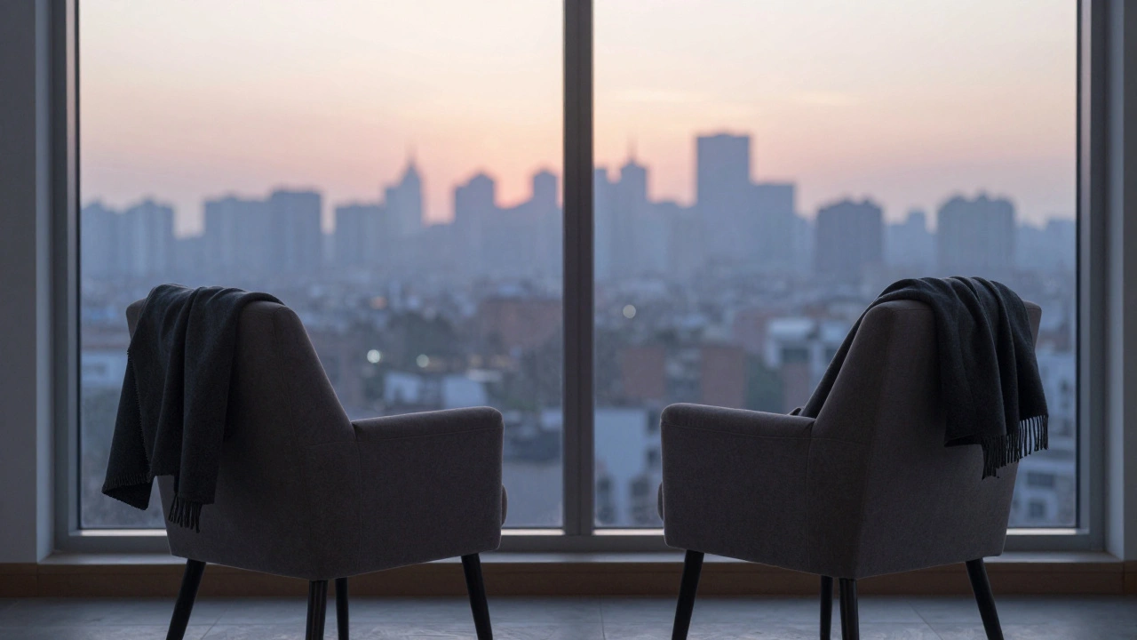 Two empty chairs by a sunrise window, one with a coat draped over it.
