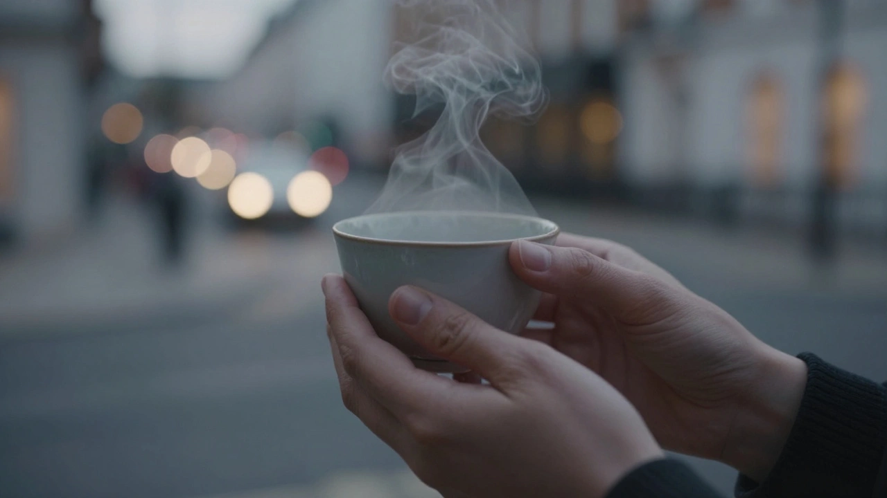 Two hands holding a teacup, steam rising, with blurred city lights in the background at dusk.