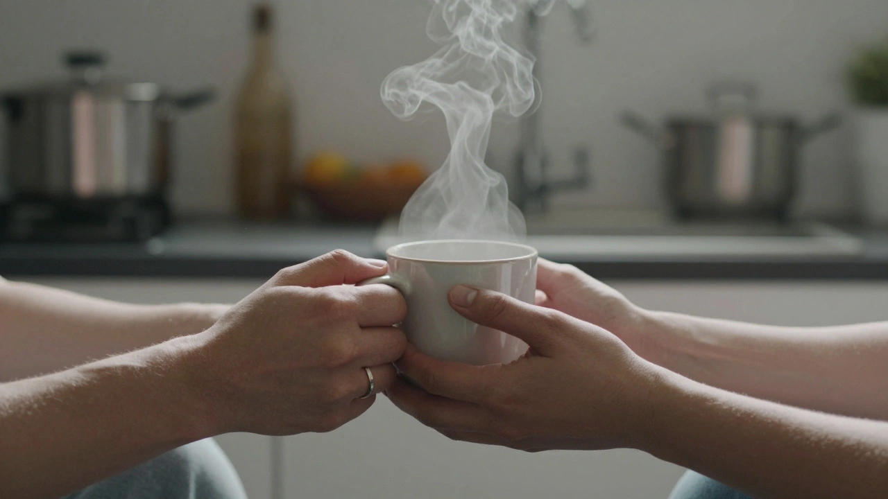 Two hands holding a warm mug, one with a ring, the other bare, in soft morning light.