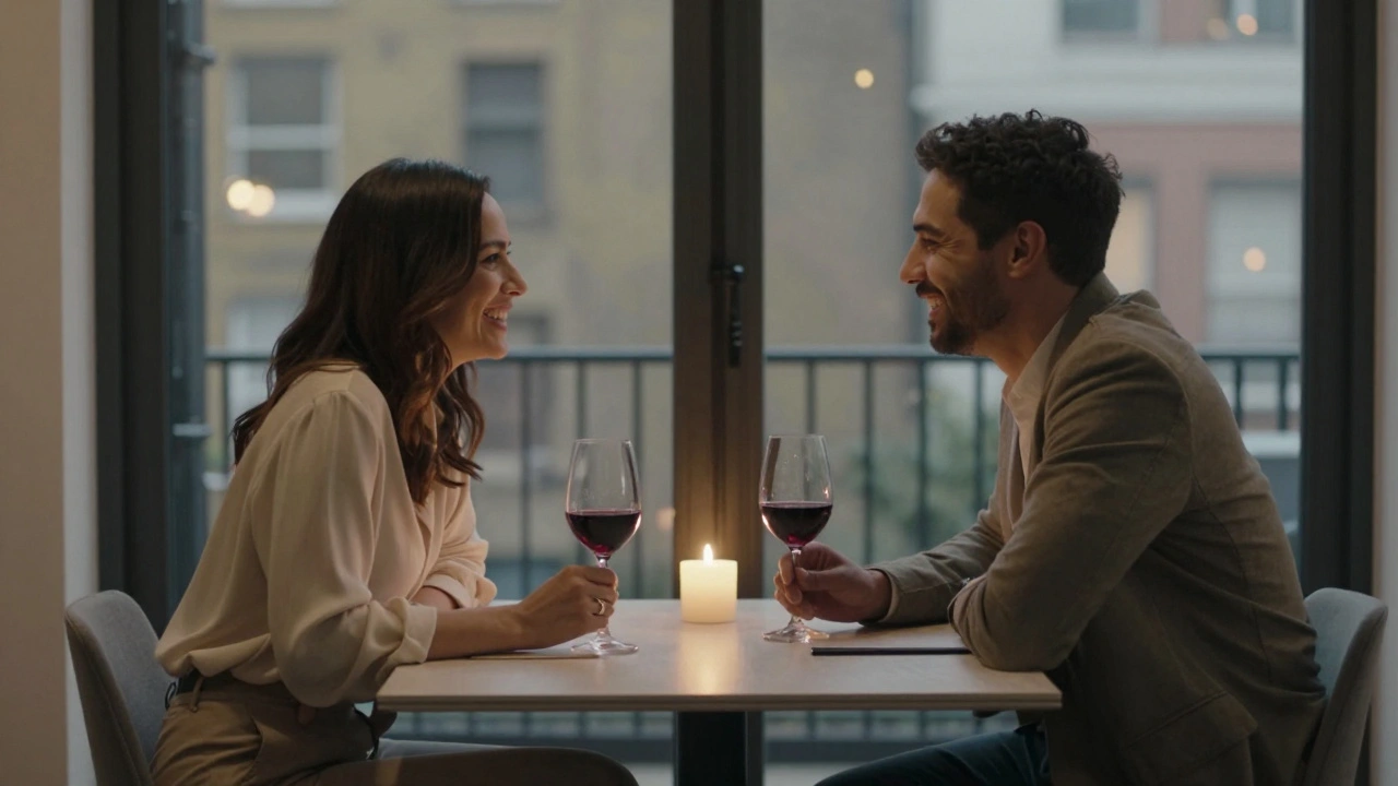 Two people laughing together at a dining table with wine and candlelight in a London flat.