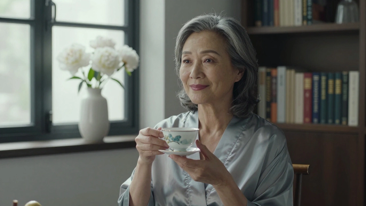A calm mature woman in a robe holding a teacup, natural light behind her, books visible in the background.