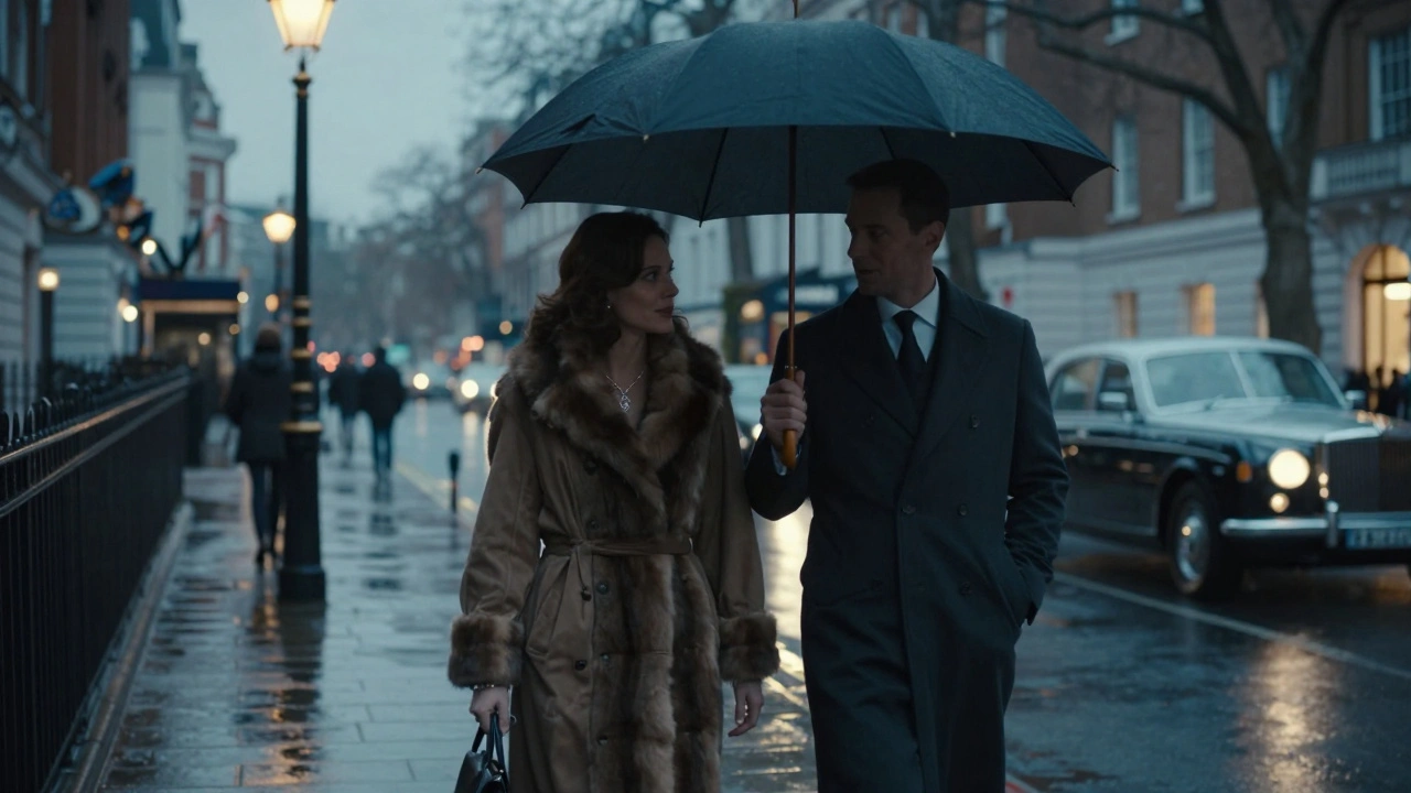A discreet couple walks together under an umbrella in Mayfair at twilight, luxury cars passing in the background.