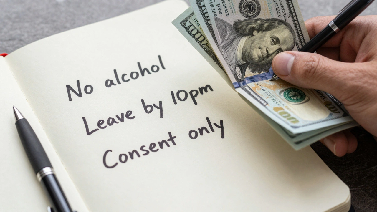 A hand holding cash next to a notepad with handwritten boundaries like 'No alcohol' and 'Leave by 10pm'.