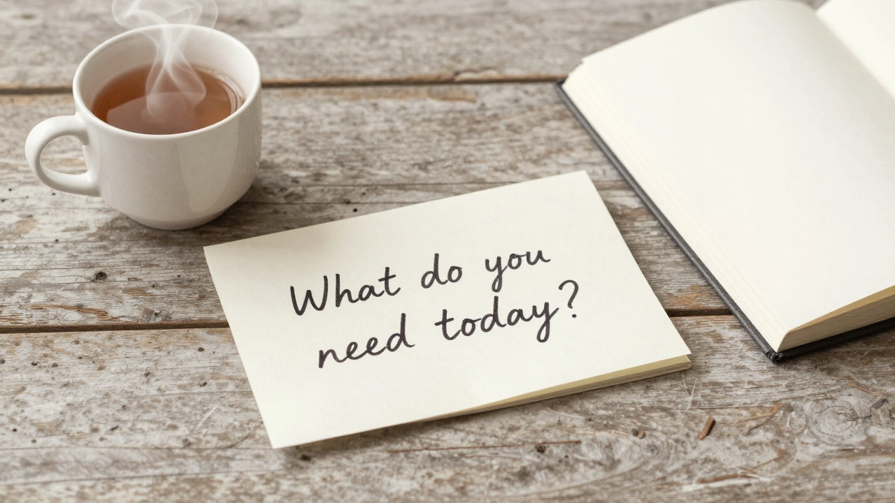 A handwritten note on a wooden table that reads 'What do you need today?' beside a teacup and open journal.