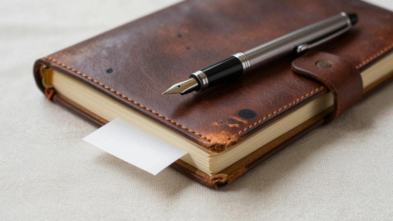 A leather journal and pen resting on linen, symbolizing post-session reflection.