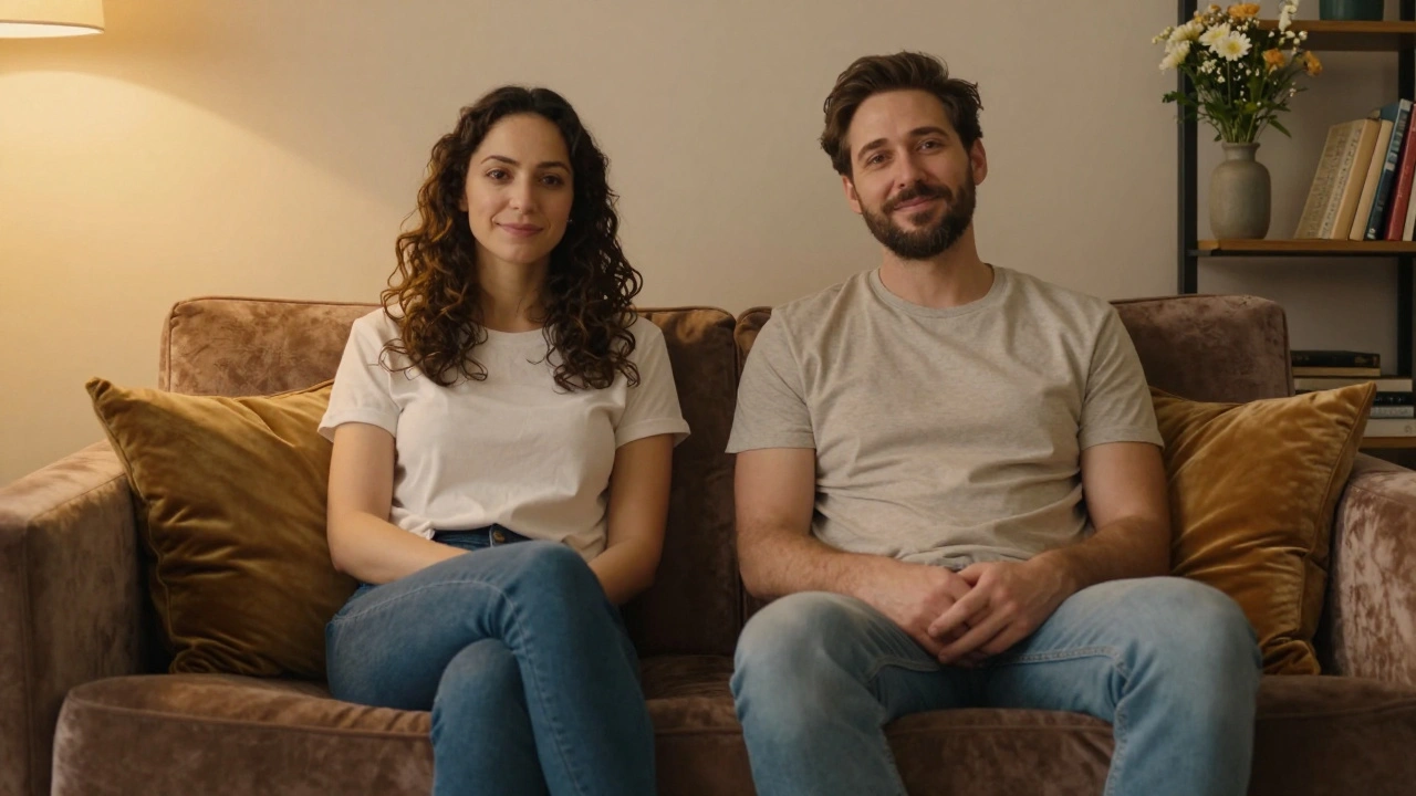 A man and woman sitting side by side on a couch, smiling calmly, no physical contact, in a quiet room.