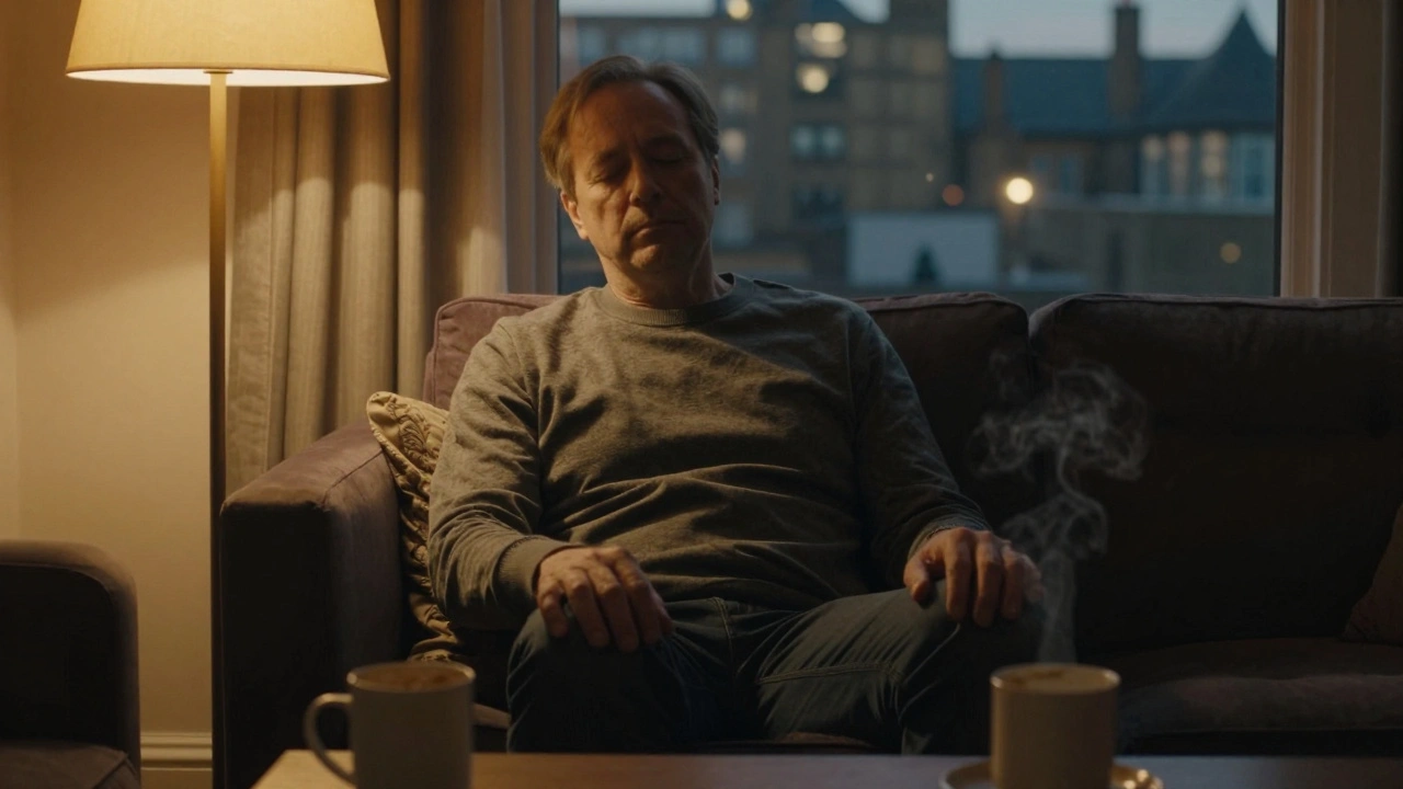 A man sitting peacefully on a couch with eyes closed, warm lamp light, blurred city lights outside the window.