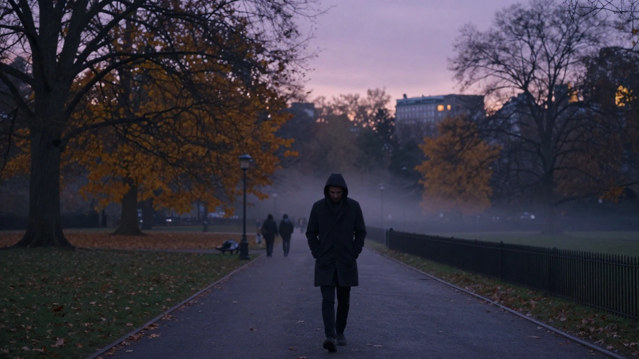 A person walking alone through a park at dusk, surrounded by autumn trees.