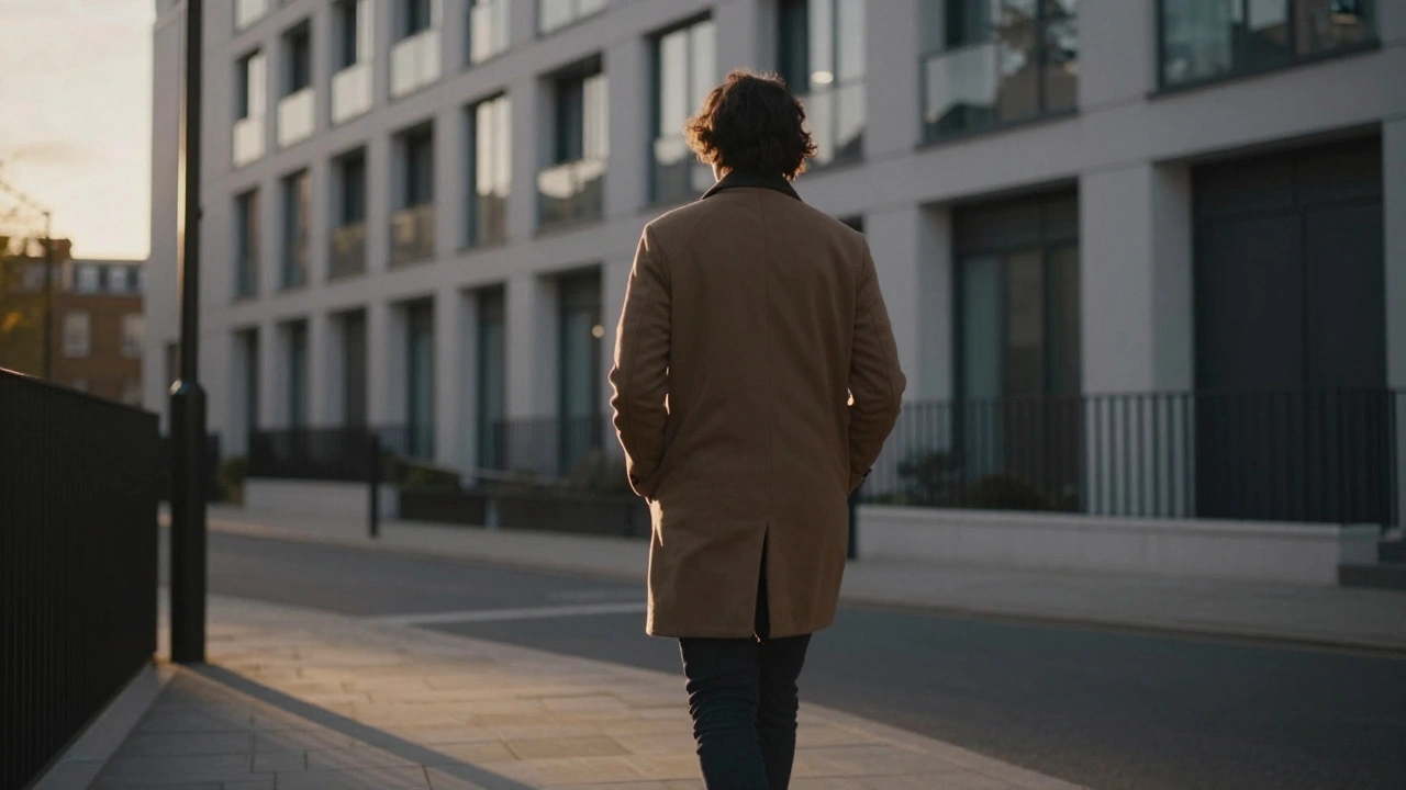 A person walking away from a building at dusk, looking calm and at peace after a private session.
