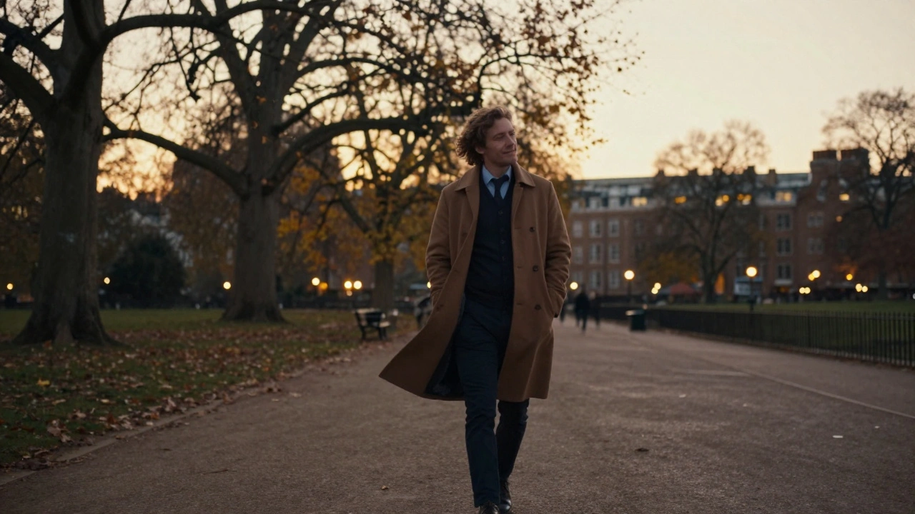 A person walking calmly through a London park at dusk, surrounded by golden autumn trees.