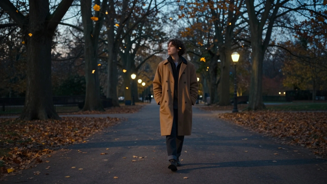 A person walking peacefully through Hyde Park at dusk, surrounded by falling leaves and soft lantern light.