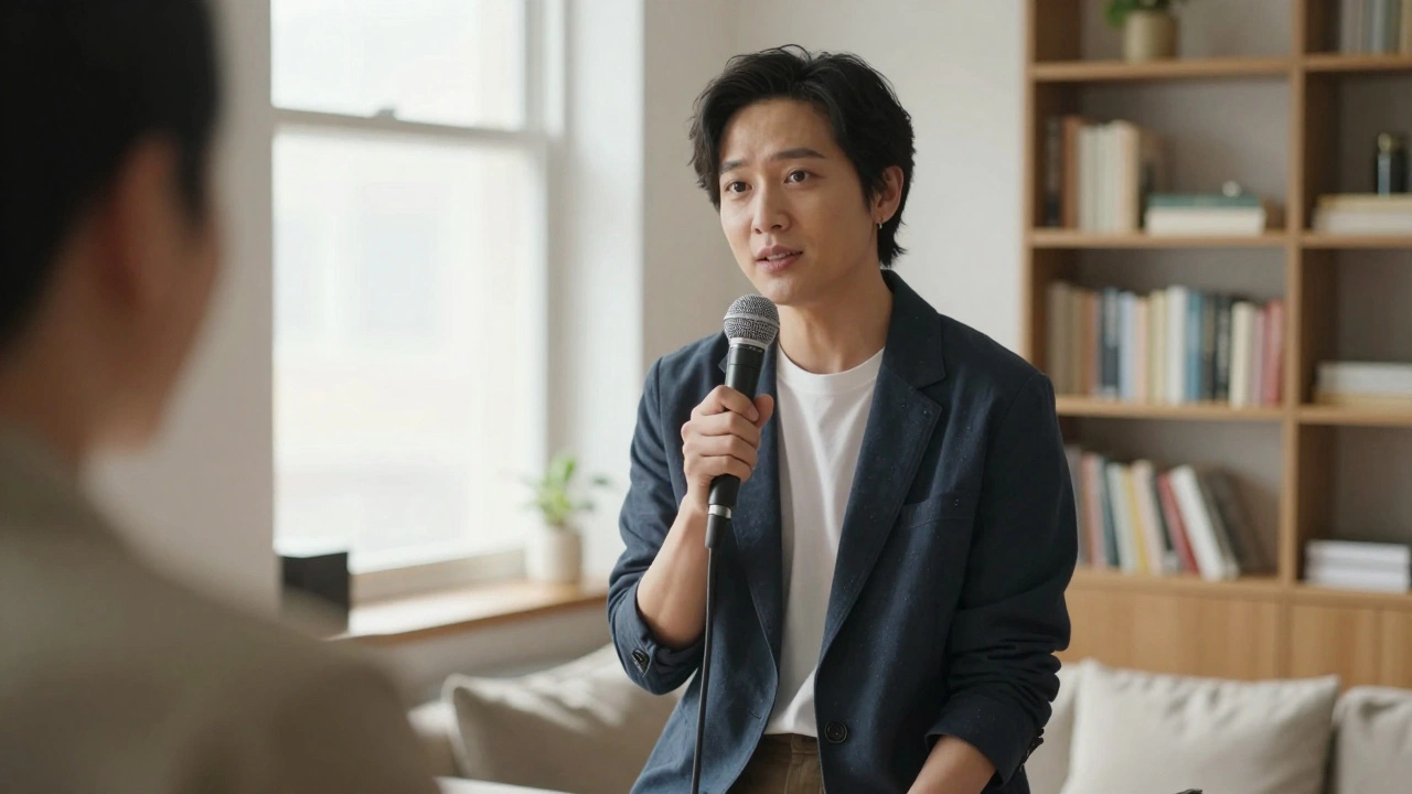 A professional speaking gently into a microphone in a warm, natural home setting.