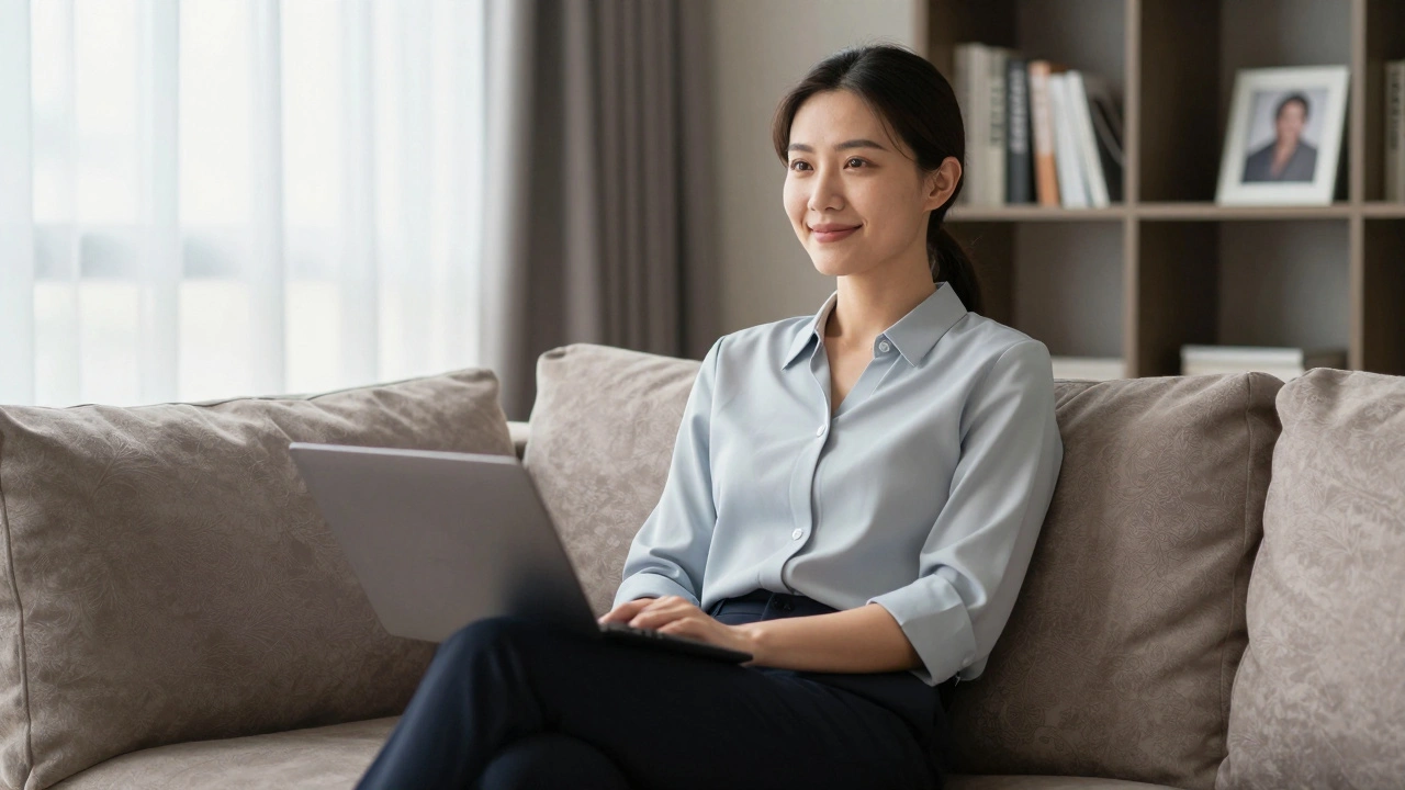 A professional woman smiling gently on a couch in natural light, dressed elegantly and respectfully.