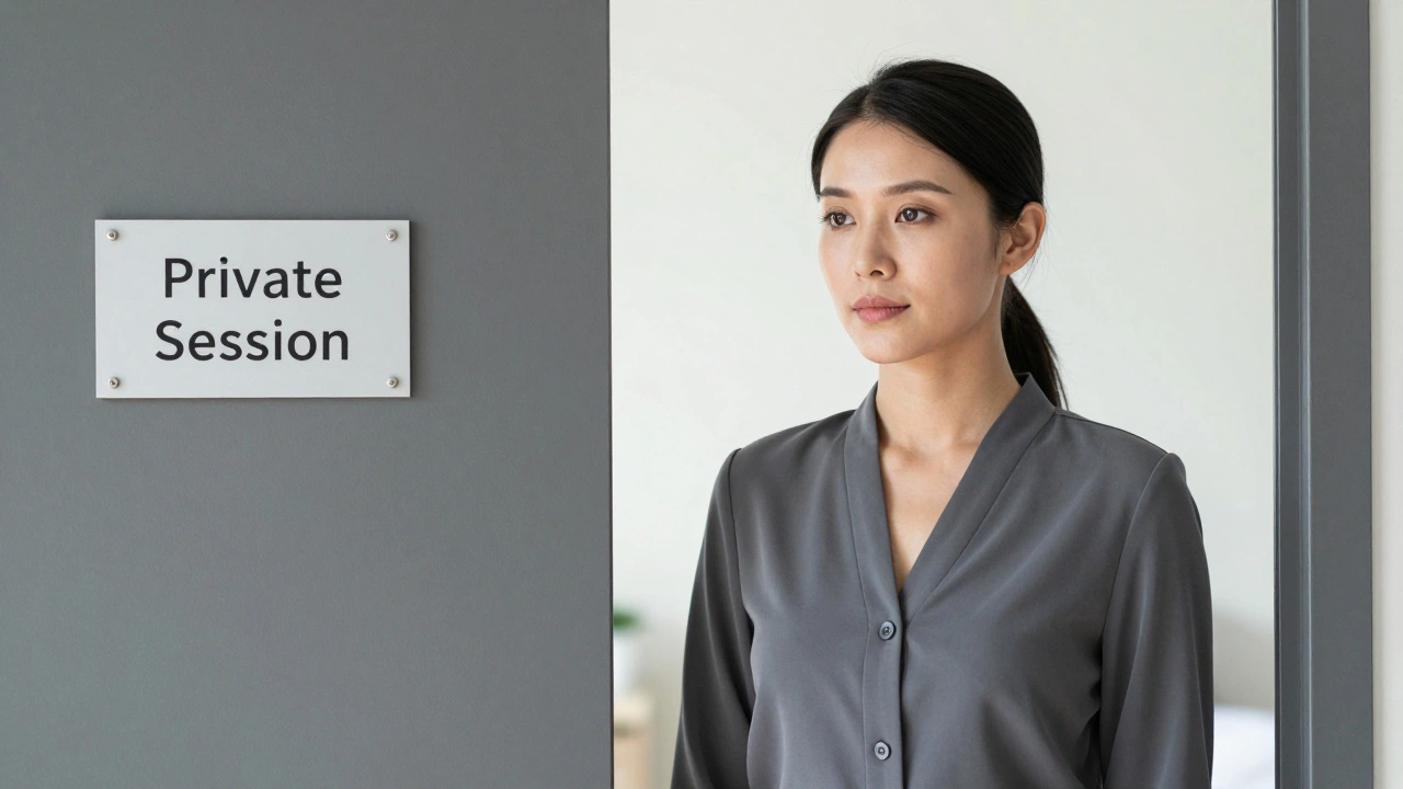 A professional woman standing by a private session door, exuding trust and calm.