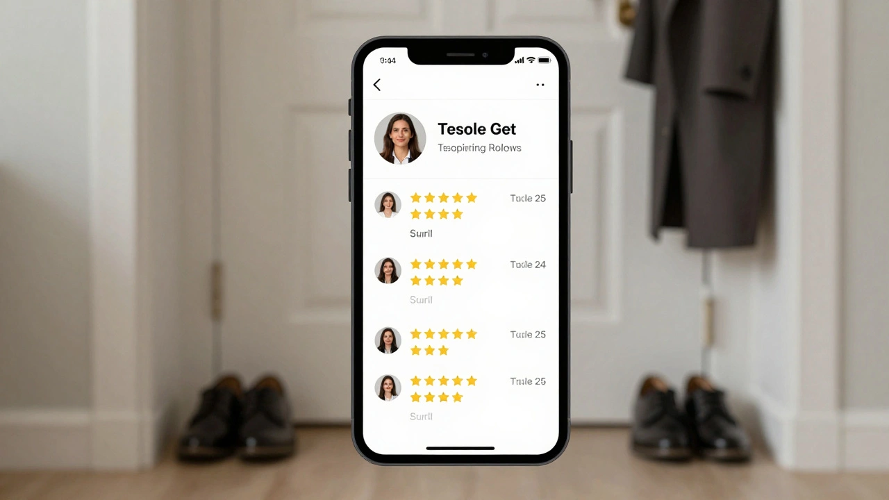 A smartphone showing a verified escort profile with reviews, shoes and coat by a door.