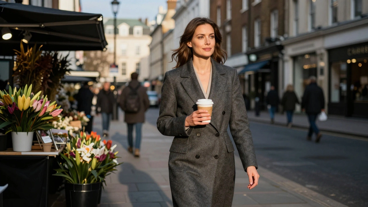 A woman in a tailored coat walking through Covent Garden, holding coffee under golden hour light.