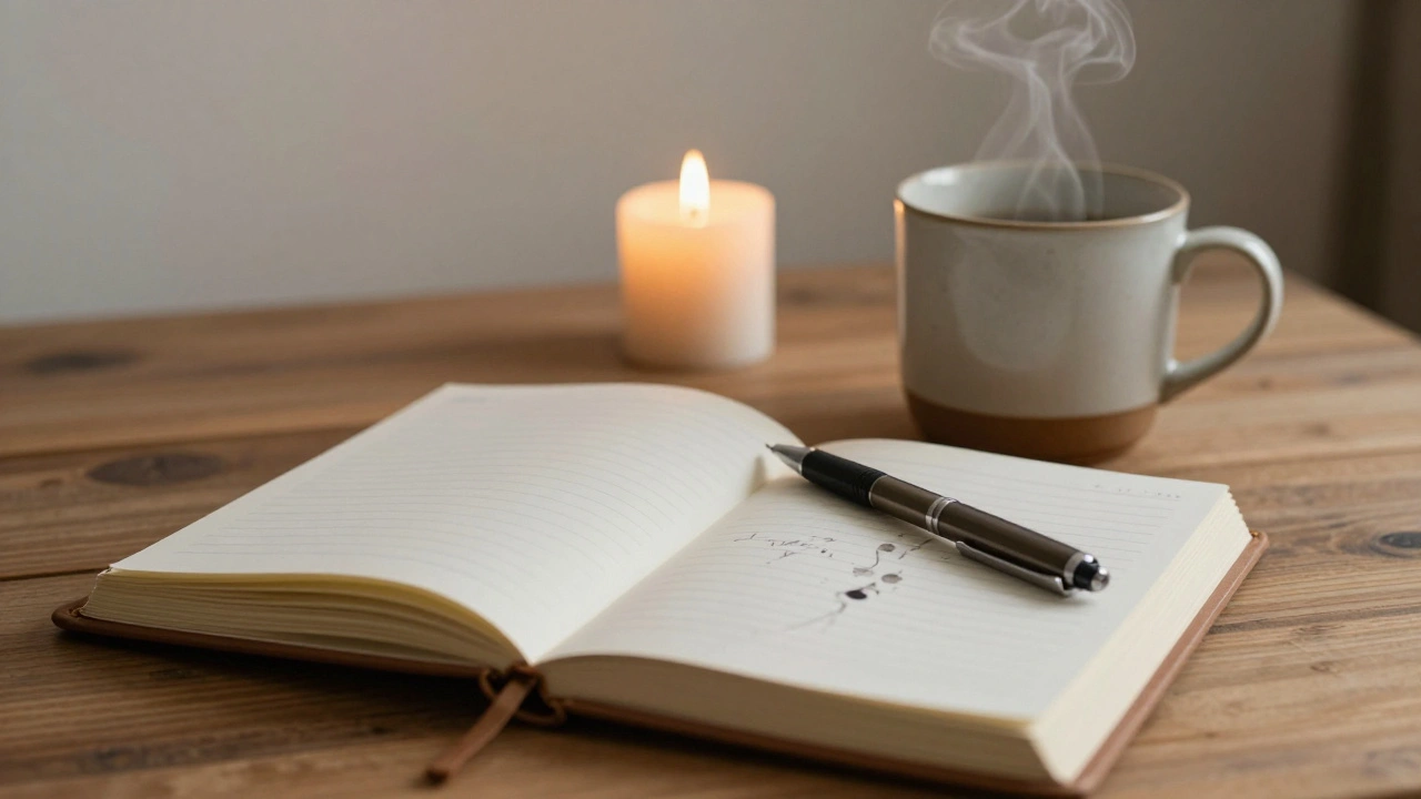 An open journal and steaming mug on a wooden table with a flickering candle.