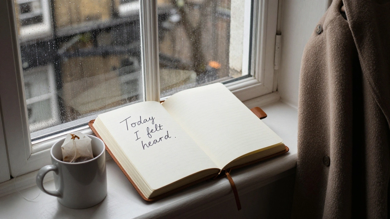 An open journal with the handwritten note 'Today I felt heard,' beside a cooling mug of tea.
