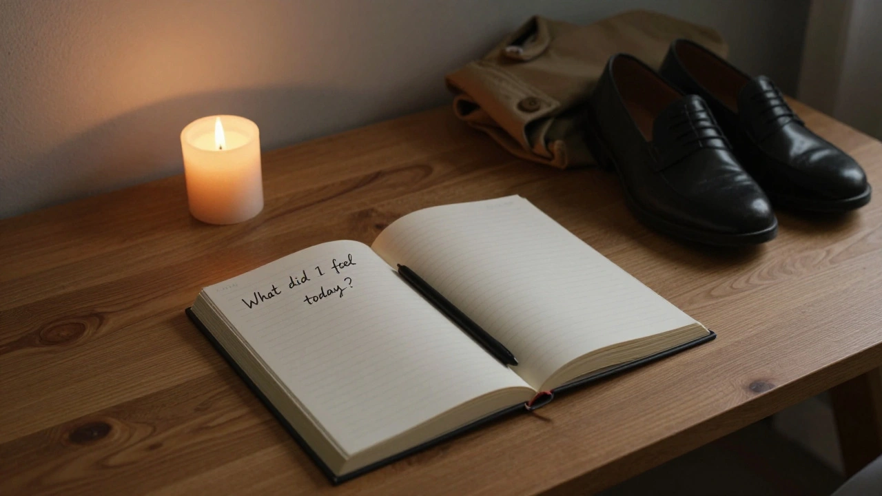 An open journal with the words 'What did I feel today?' beside a flickering candle in a quiet bedroom.