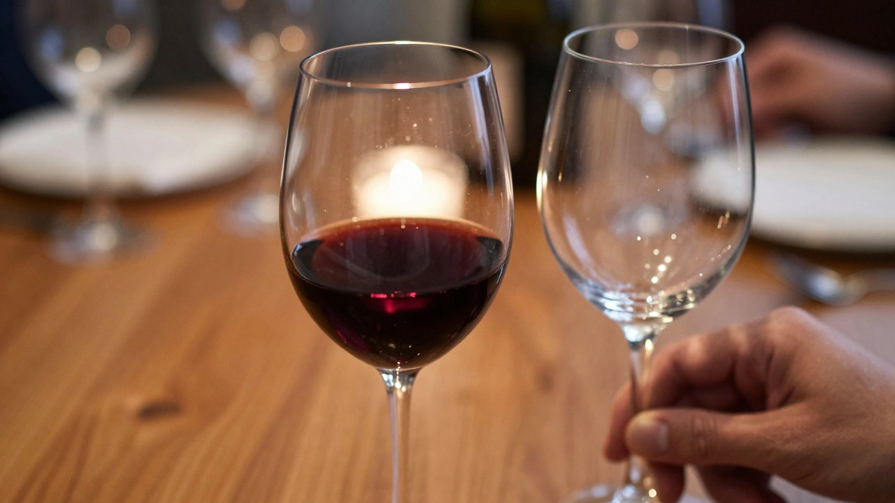 Close-up of two wine glasses, one half-full and one empty, on a wooden table with candlelight reflection.