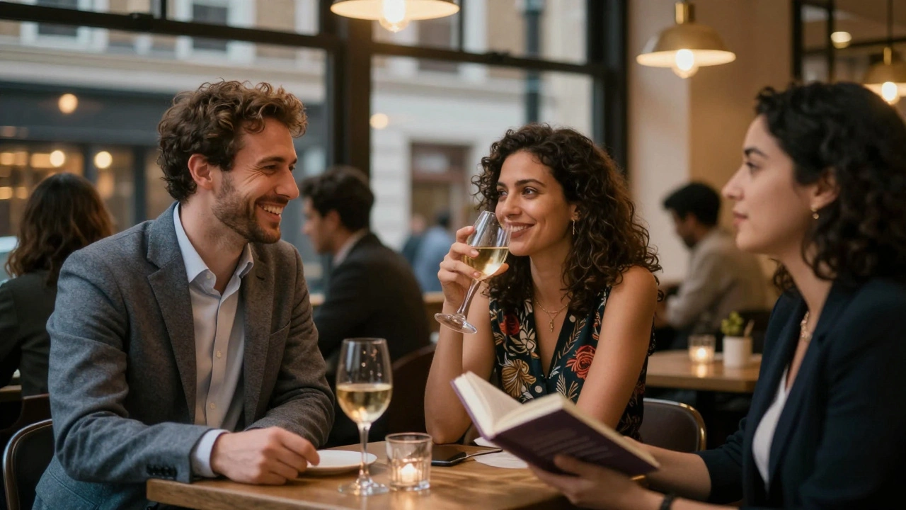 Diverse group of people smiling at a London café, one in blazer, another in dress, enjoying companionship.