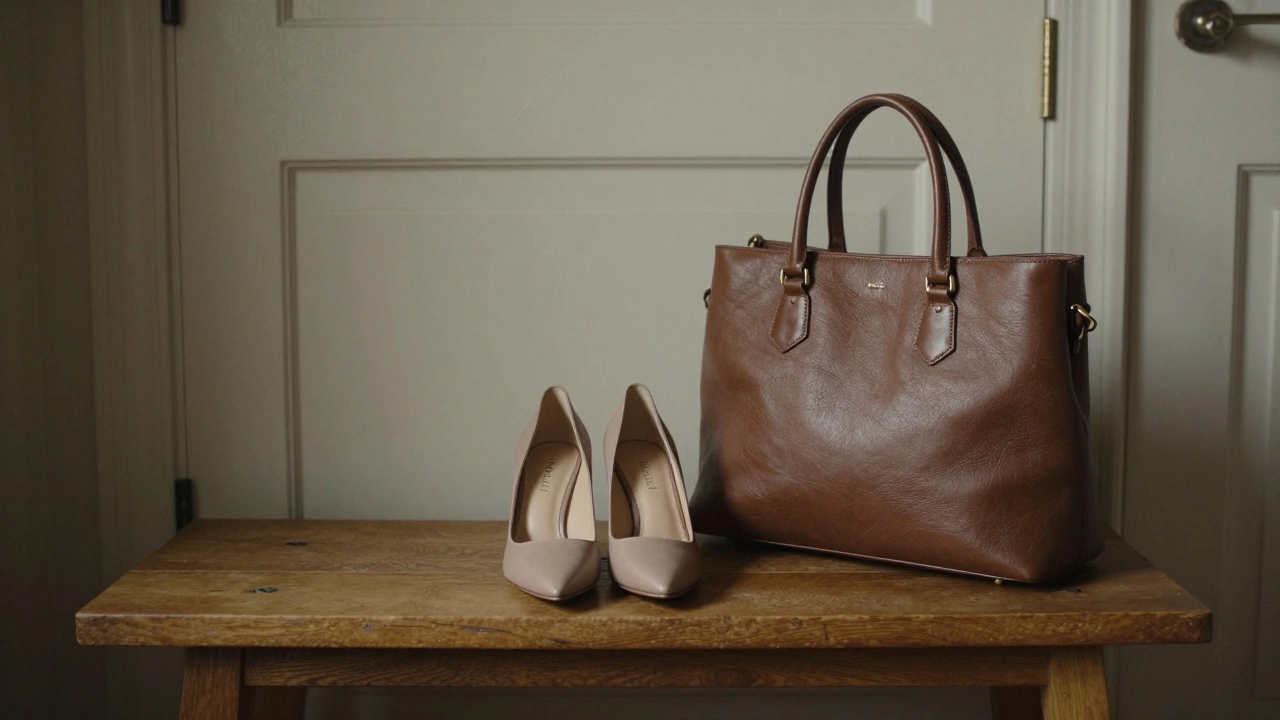 Elegant shoes and handbag on a wooden bench, symbolizing quiet preparation and thoughtful intent.