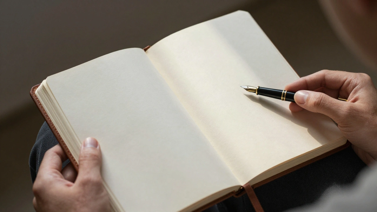 Hands holding a journal with a pen beside it, symbolizing quiet reflection.