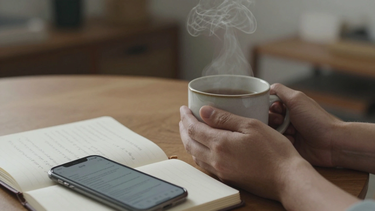 Hands holding a warm cup of tea beside a notebook and phone, symbolizing calm preparation.