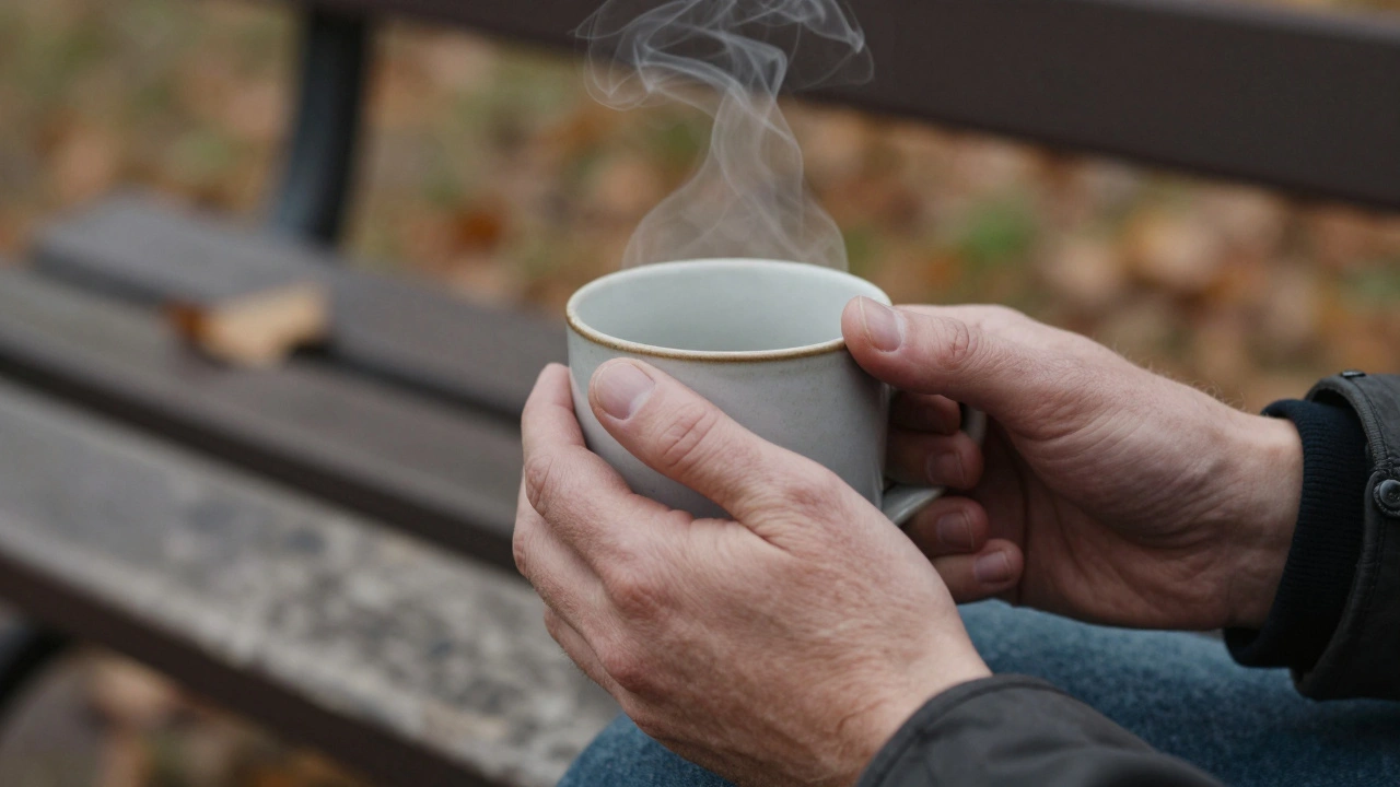 Hands holding a warm mug on a park bench, steam rising gently, autumn leaves in the blurred background.