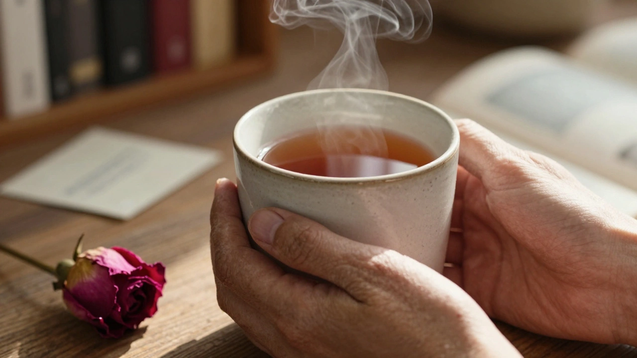 Hands holding a warm mug with a rose petal nearby, radiating quiet comfort and human connection.