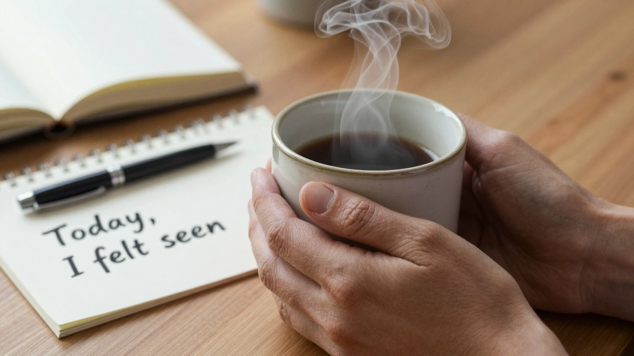 Hands holding a warm mug with steam rising, beside a journal bearing the words 'Today, I felt seen'.