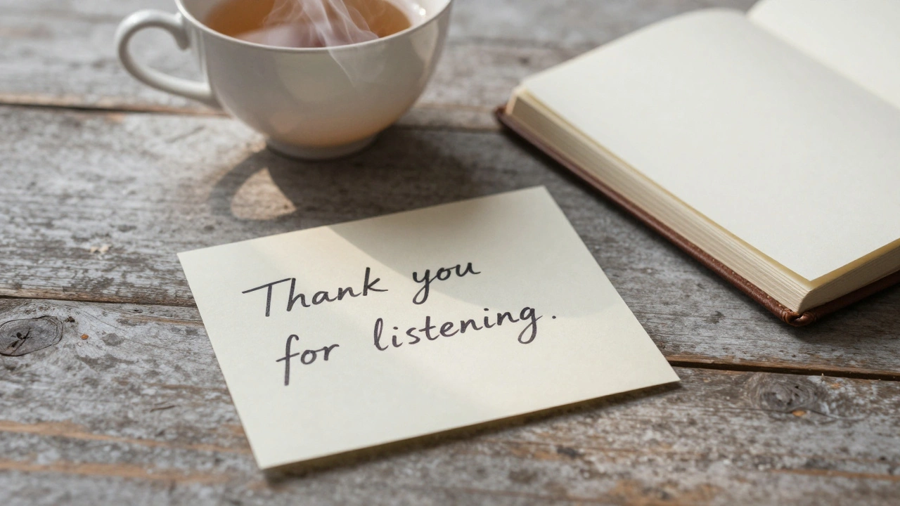 Handwritten note saying 'Thank you for listening' on wooden table with steaming teacup nearby.