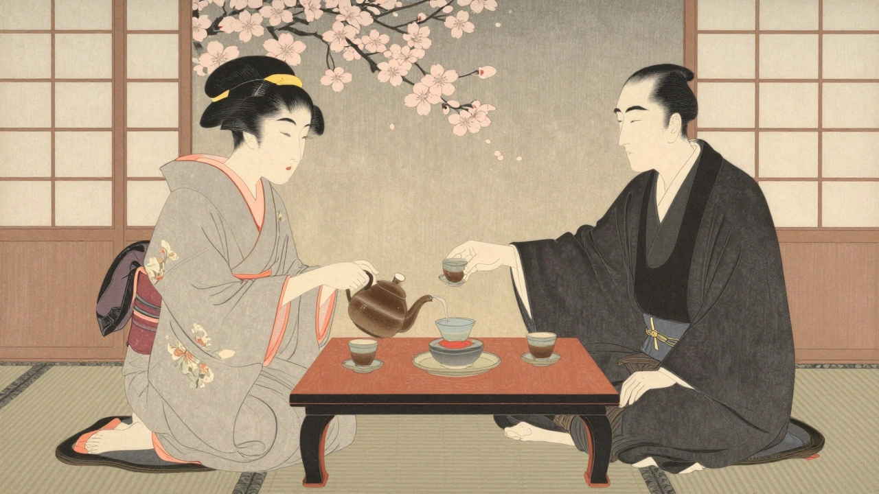 Japanese host club scene with kimono-clad woman serving tea.