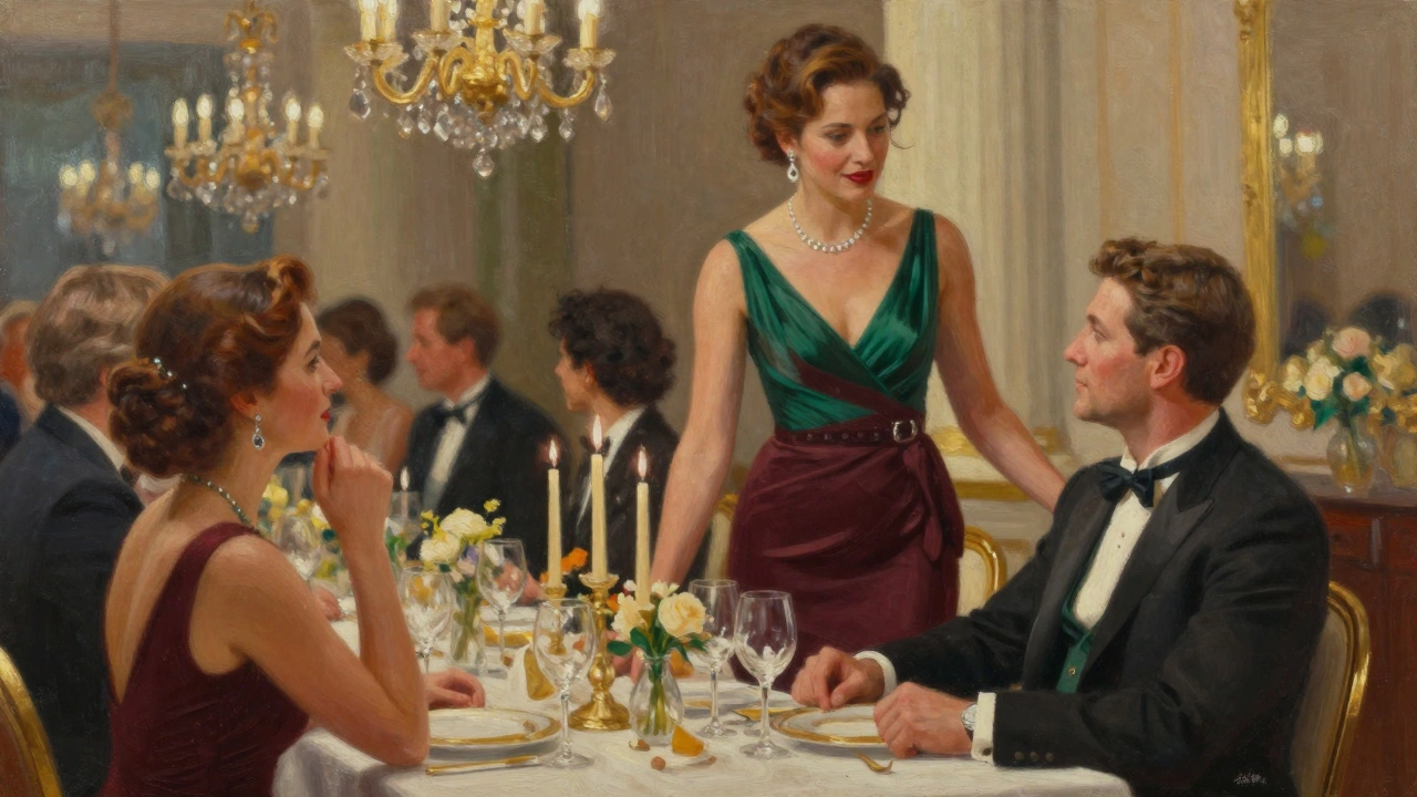 Professional companion at a gala event, confidently networking in an elegant ballroom.