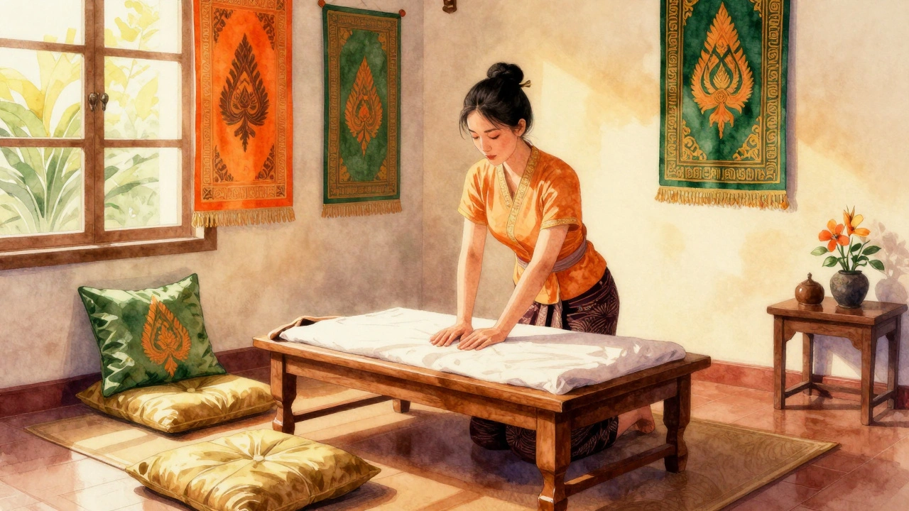 Thai massage in hotel room with silk cushions and golden light.