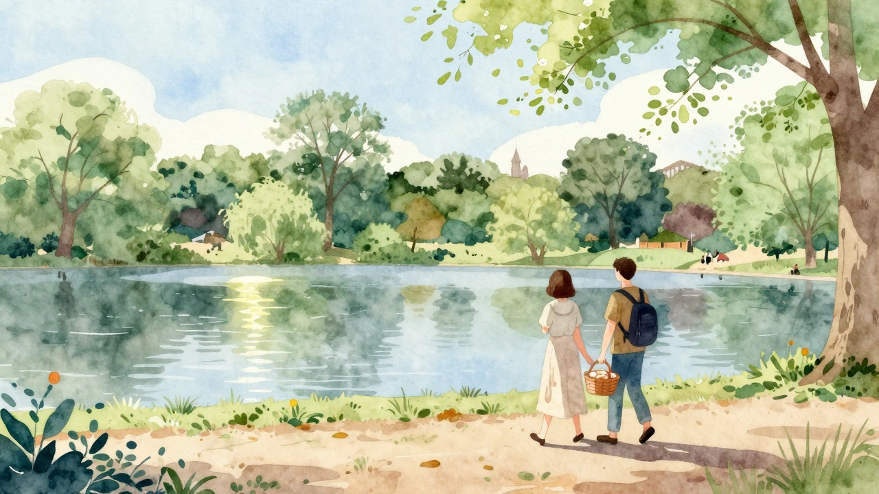 Two people strolling along Serpentine Lake in Hyde Park, London.