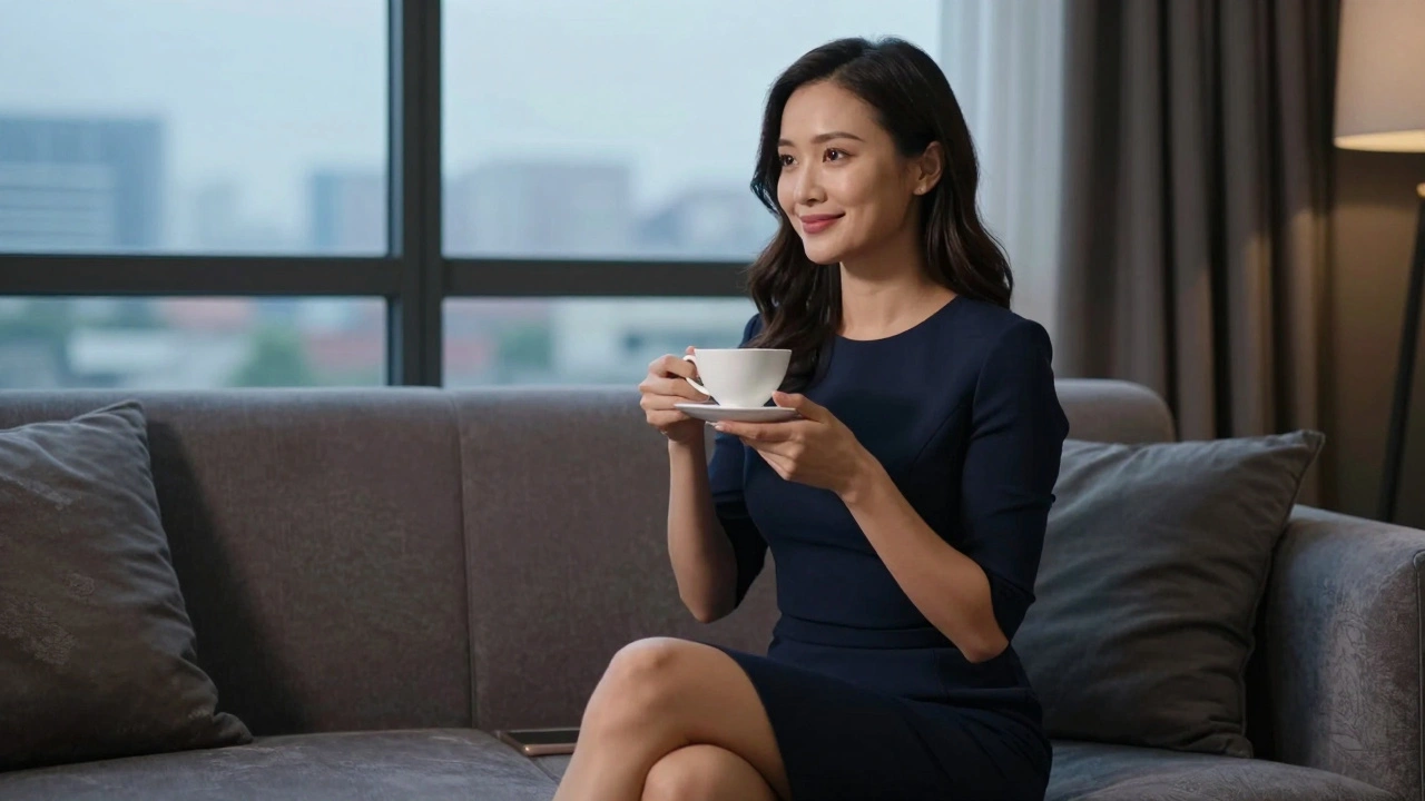 A brunette woman in elegant attire smiling gently while listening, in a tranquil interior setting.