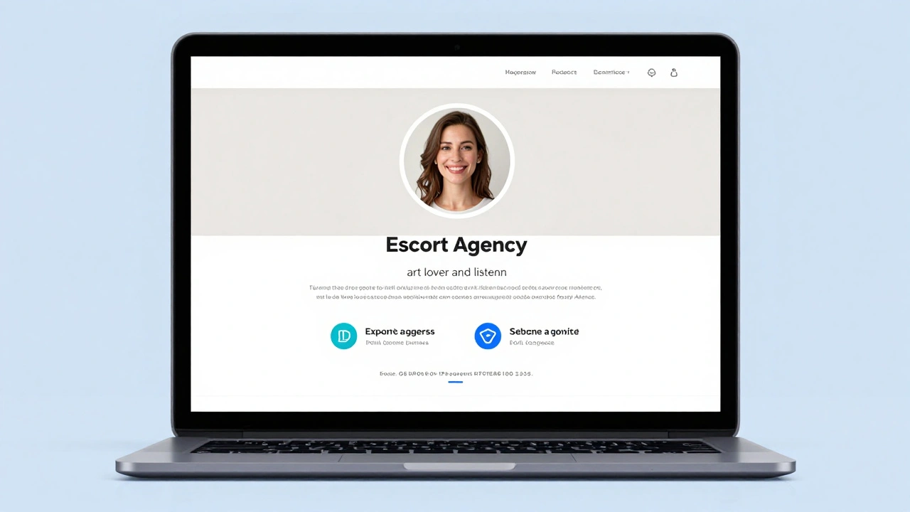 A clean laptop screen showing a professional companion's verified profile with neutral photo and bio.