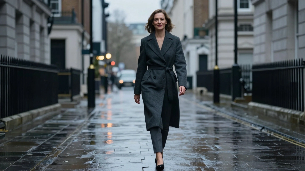 A confident British woman walking alone through a quiet London street at dusk.