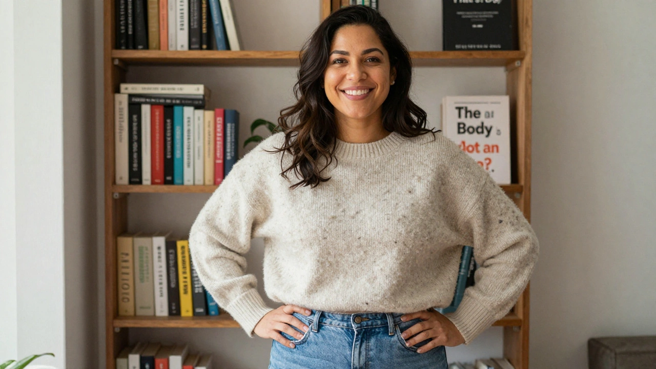 A confident woman smiling naturally in a cozy sweater, surrounded by books on body positivity.