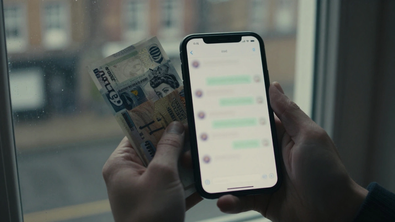 A hand holding cash next to a smartphone showing a blurred secure message screen, dim urban window in background.