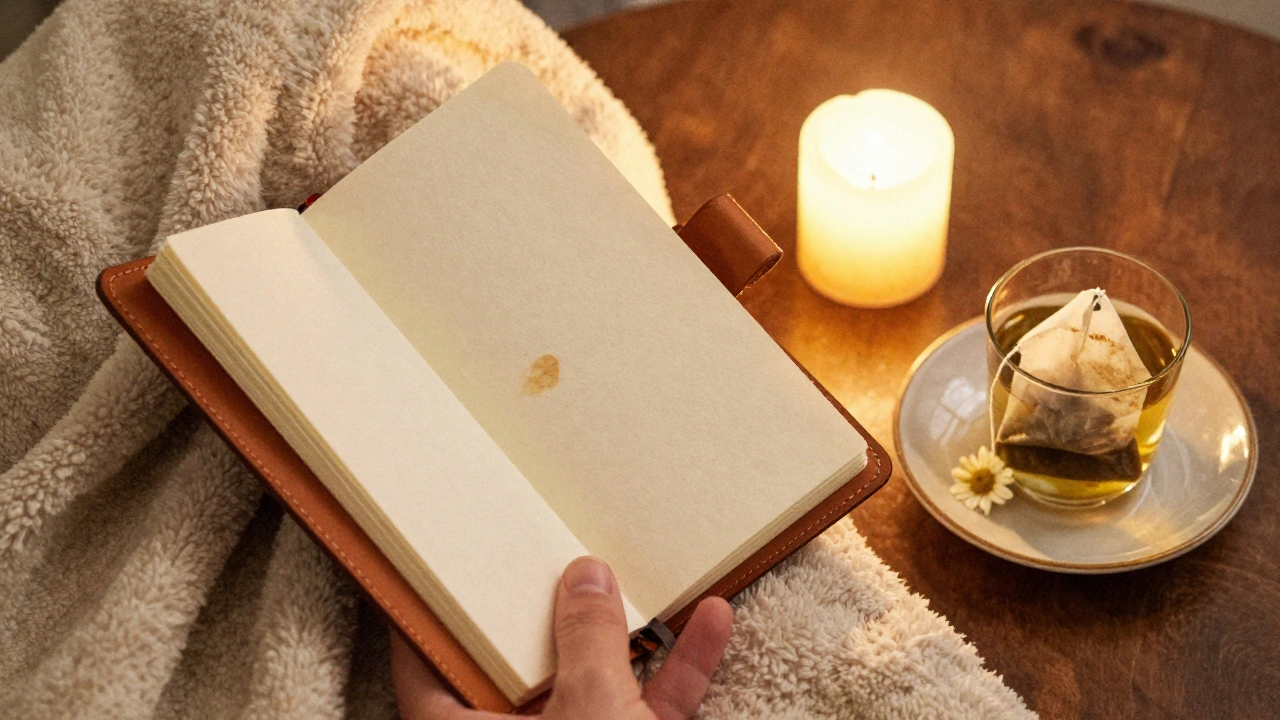 A hand writing in a notebook by candlelight, with a tea cup and blanket nearby in a calm interior.