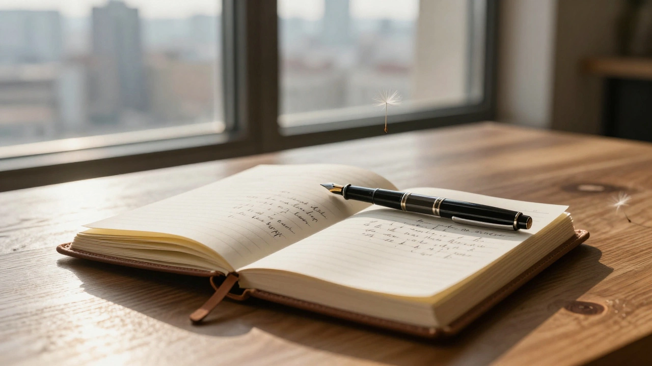 A leather notebook and pen beside a window, with a dandelion seed floating in golden light.