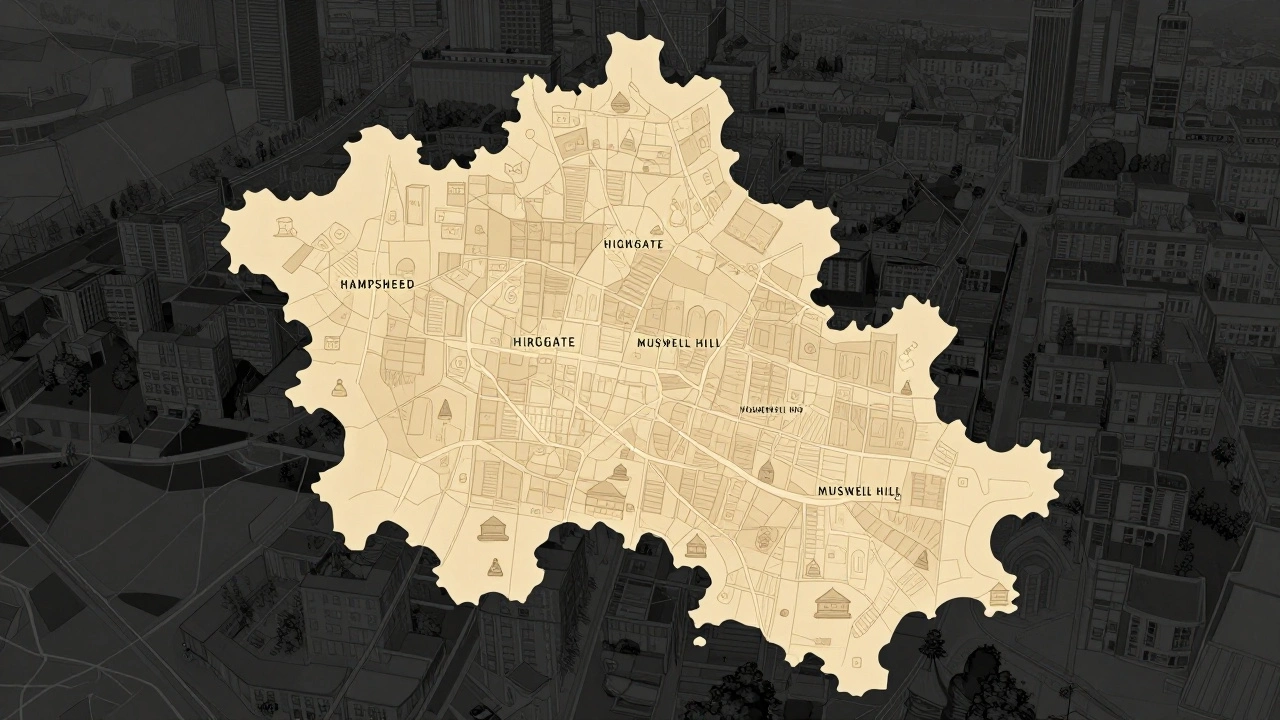 A map of North London highlighting Hampstead, Highgate, and Muswell Hill with soft amber glow, no text or labels.