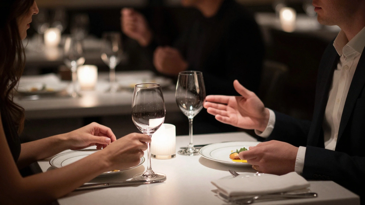 A pair enjoying a meal together at a restaurant table with warm lighting.