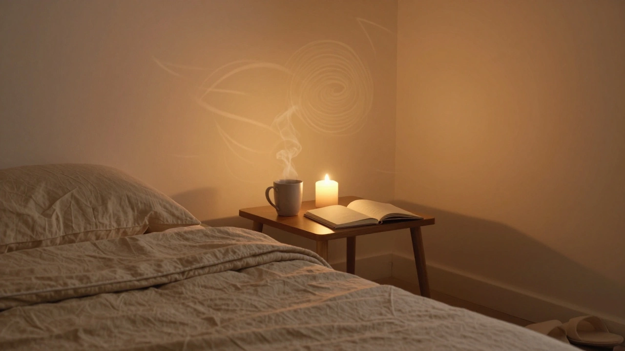 A peaceful candlelit space with a journal and tea, evoking reflection and comfort after a meaningful encounter.