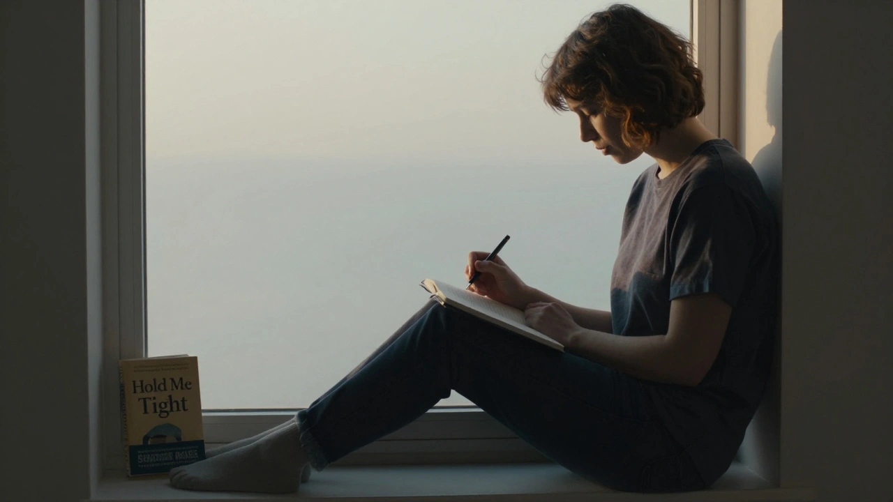 A person journaling by a window at dawn, with a book on intimacy beside them, bathed in soft golden light.