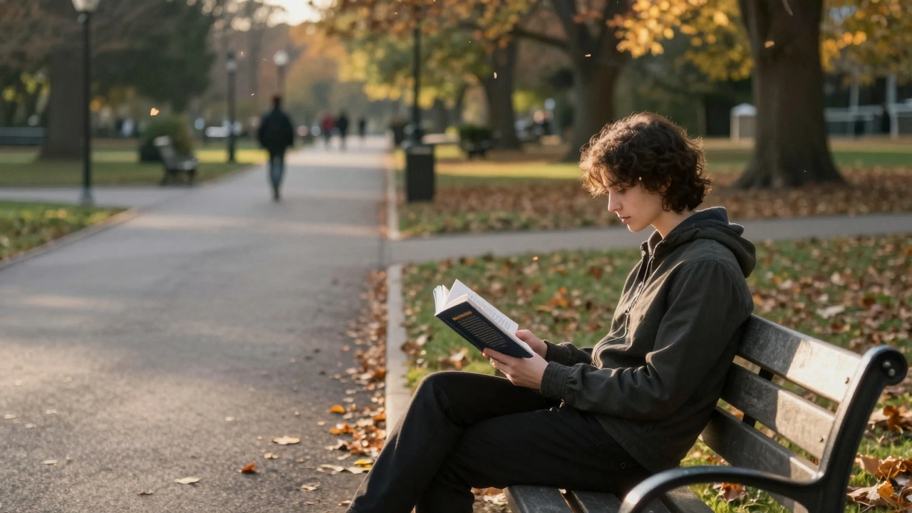 A person reading alone in Victoria Park at sunset, surrounded by autumn leaves and peaceful surroundings.