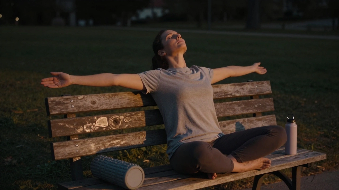 A person stretching calmly on a park bench at dusk, eyes closed, in quiet contemplation.