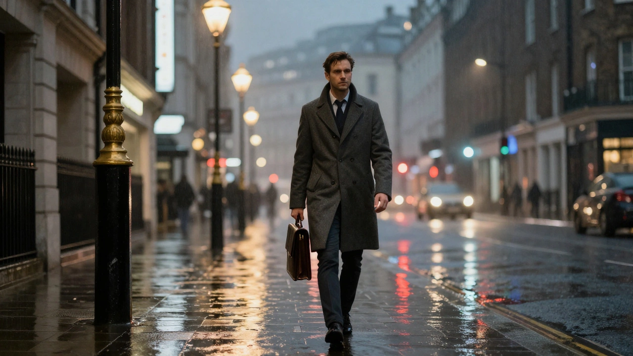 A person walking confidently alone at night in London, under streetlights, wearing a coat.